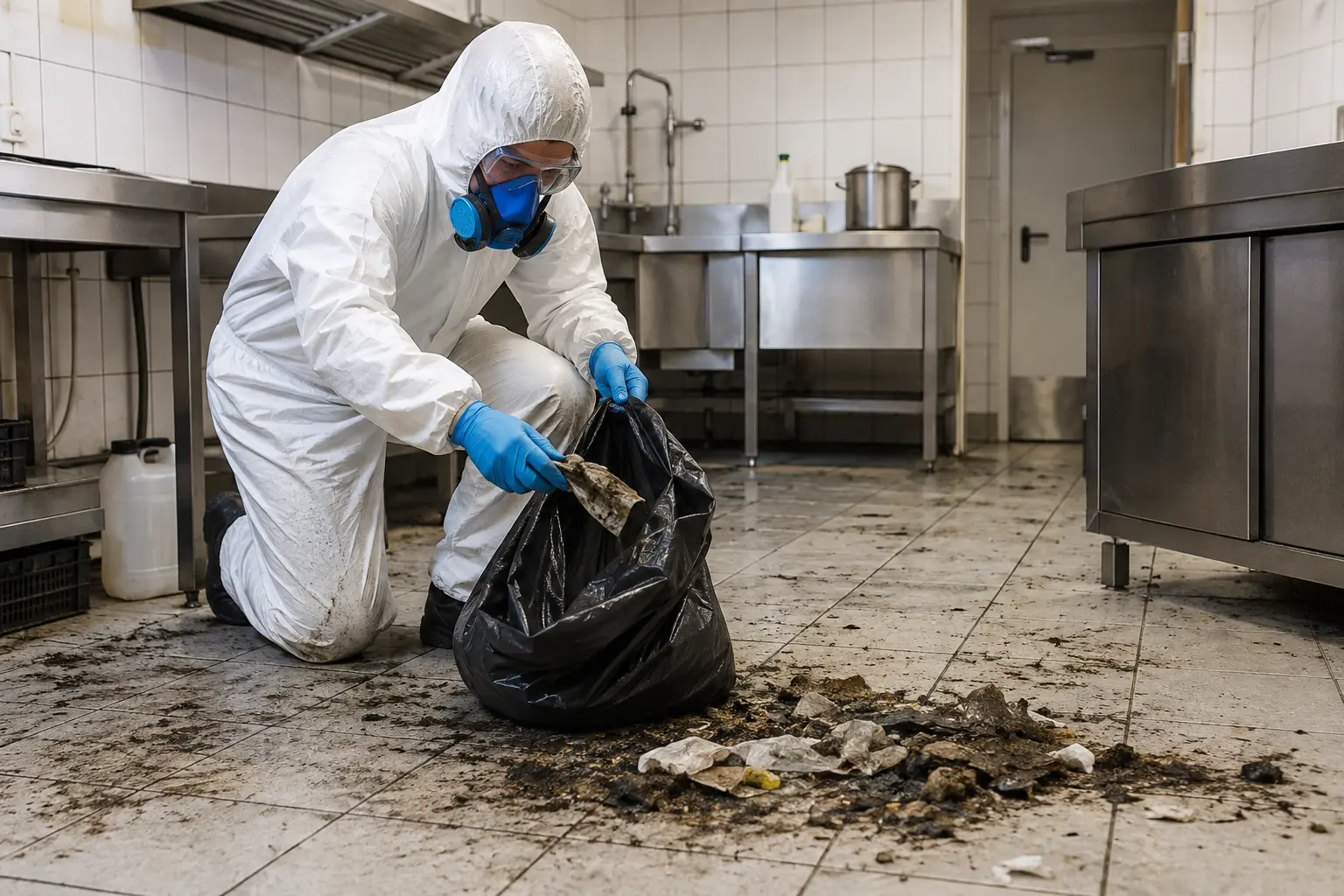Combles après infestation de rongeurs, isolant souillé retiré, déjections humidifiées avant ramassage, grille d’aération neuve