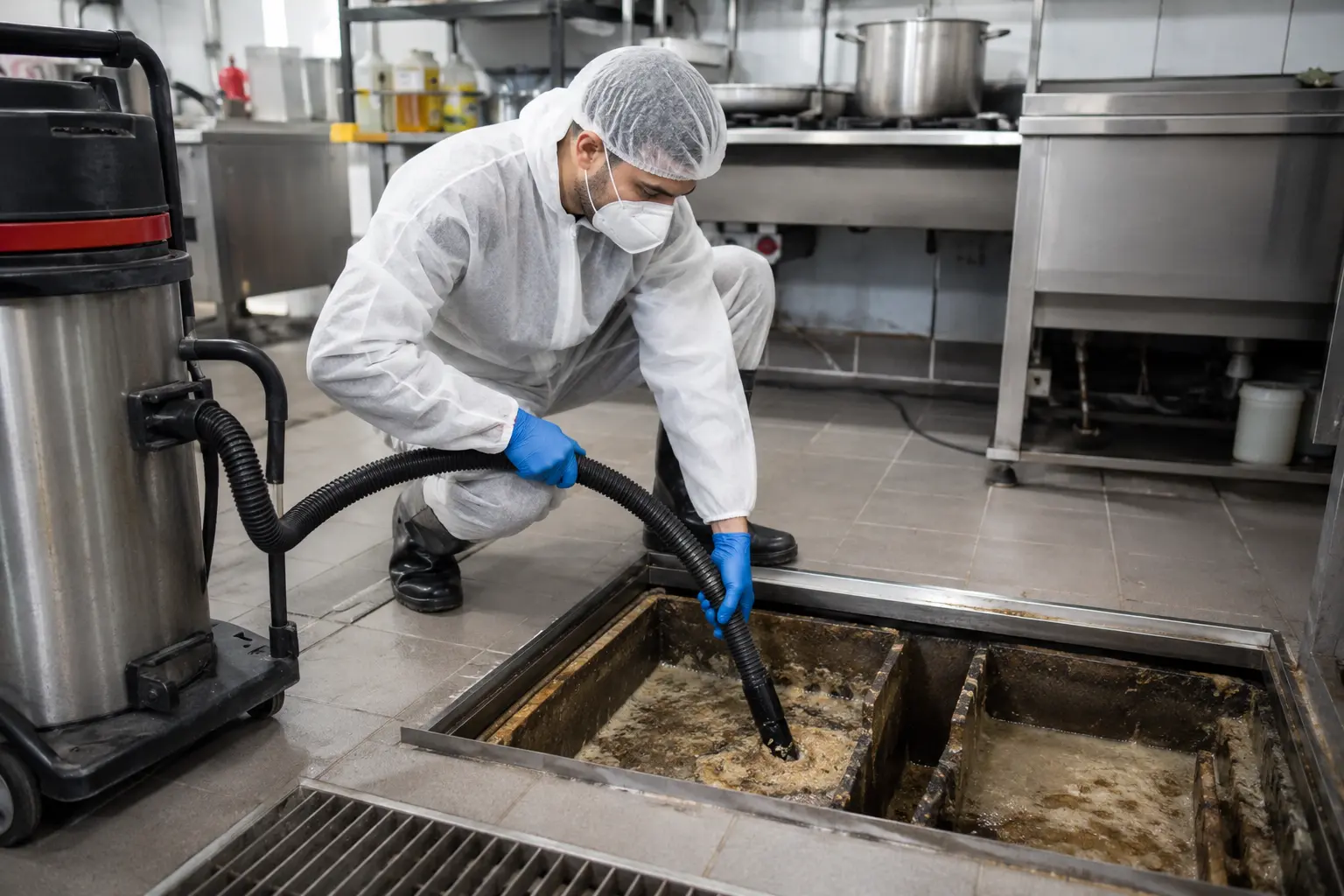 Bac à graisse ouvert en cuisine professionnelle, chapeau de graisse figé en surface, tuyau de pompage engagé
