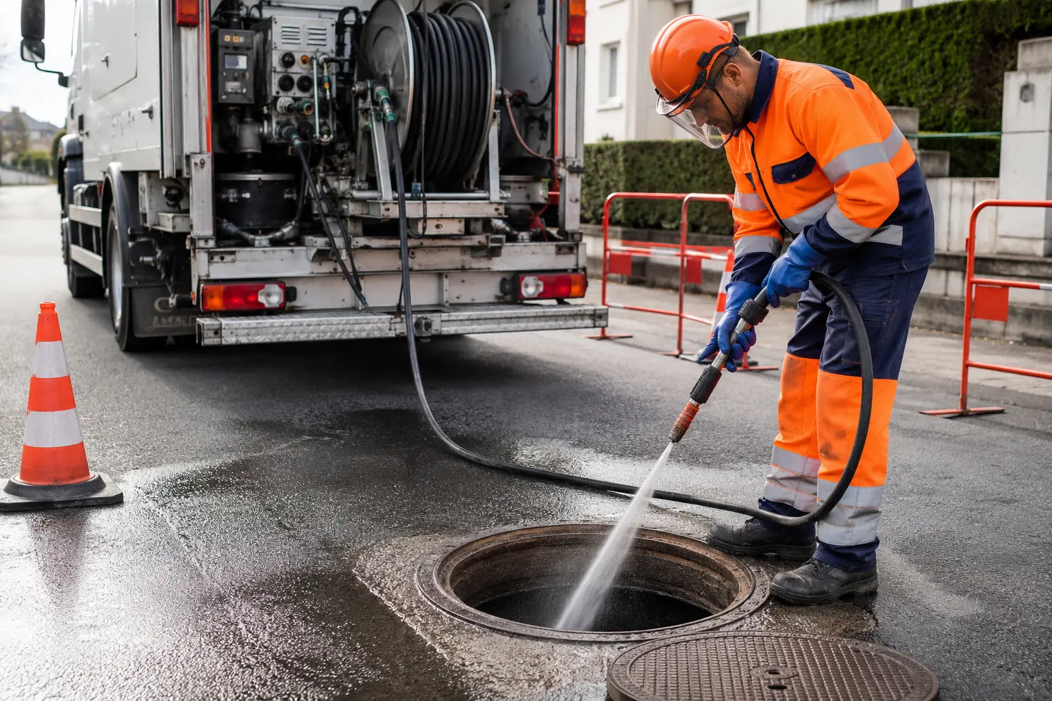 Camion hydrocureur sur voirie, flexible engagé dans un regard, écran de caméra d’inspection montrant l’intérieur d’un collecteur
