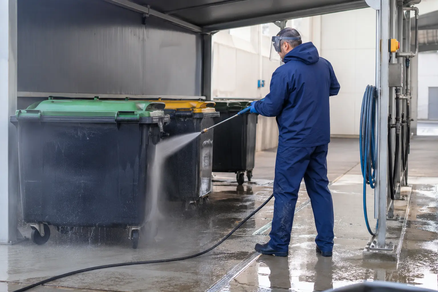 Bac roulant lavé à l’eau chaude sous pression par un véhicule à récupération d’eau, local à ordures au fond