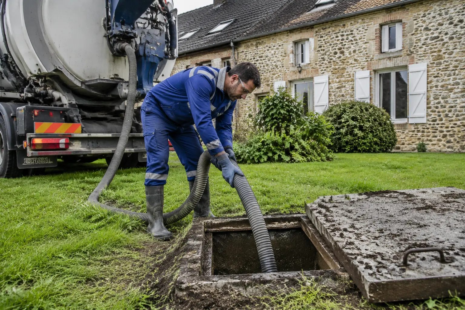 Camion de vidange raccordé à une fosse toutes eaux ouverte, préfiltre retiré et rincé au jet, jauge à boues
