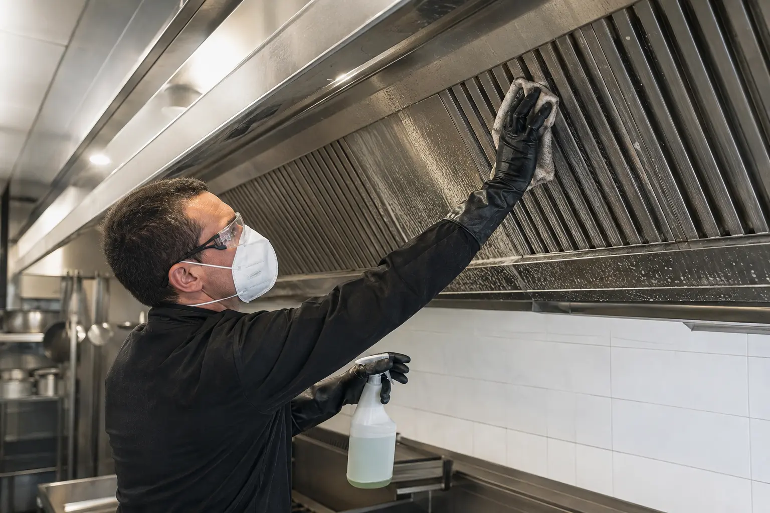 Conduit d’extraction de cuisine ouvert par une trappe d’accès, dégraissage à la mousse, filtres à chocs en bain chaud