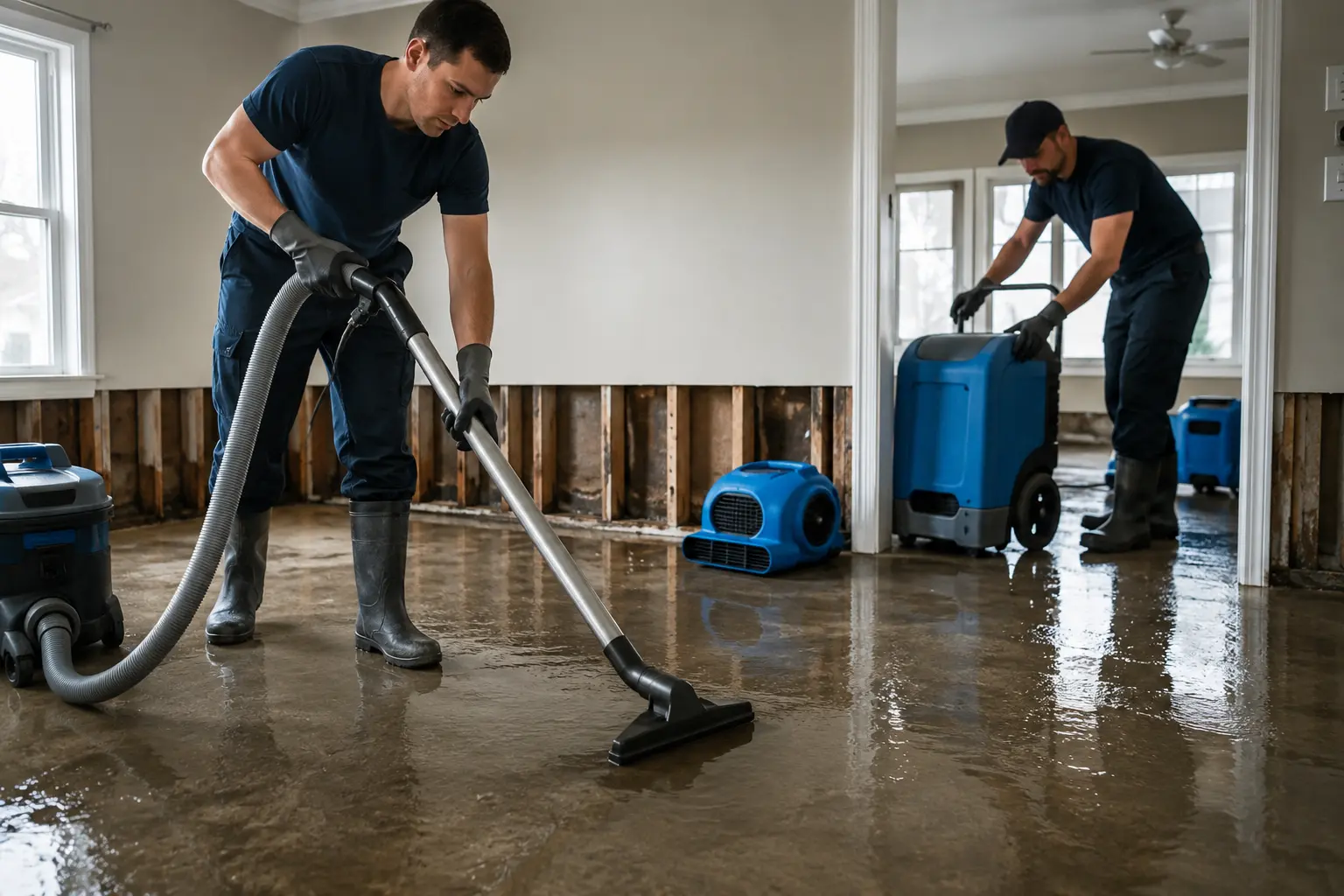 Pièce après dégât des eaux, déshumidificateurs et ventilateurs en marche, plinthes déposées, relevé au humidimètre sur une cloison