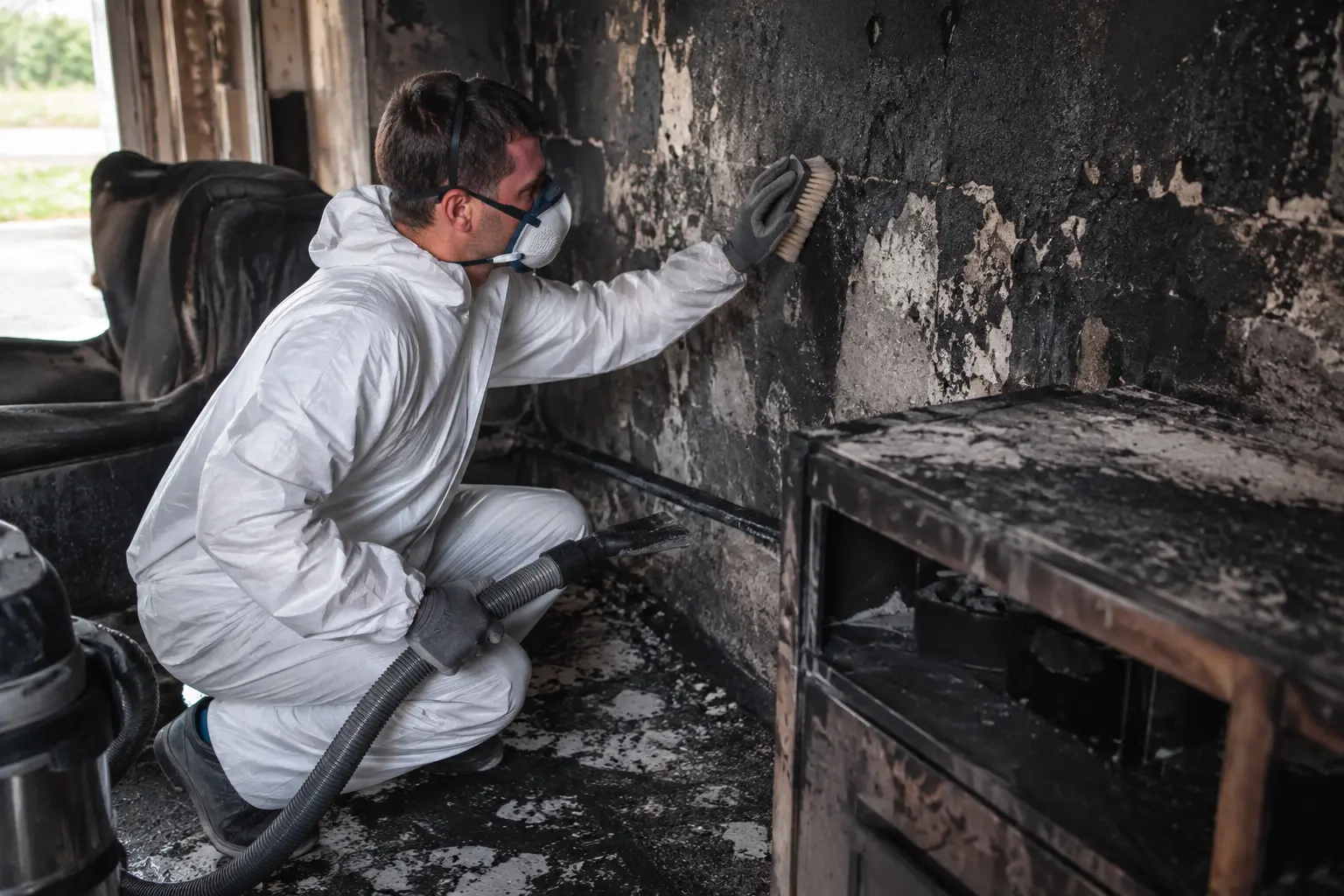 Pièce enfumée après incendie, dépoussiérage à sec d’un mur à l’éponge chimique, protection respiratoire et bâchage des zones saines