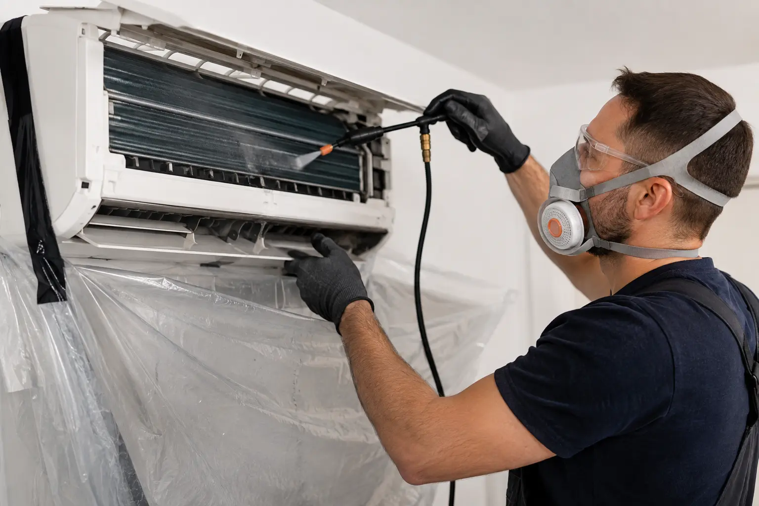 Split de climatisation ouvert, batterie à ailettes traitée à la mousse nettoyante, bac à condensats et turbine nettoyés