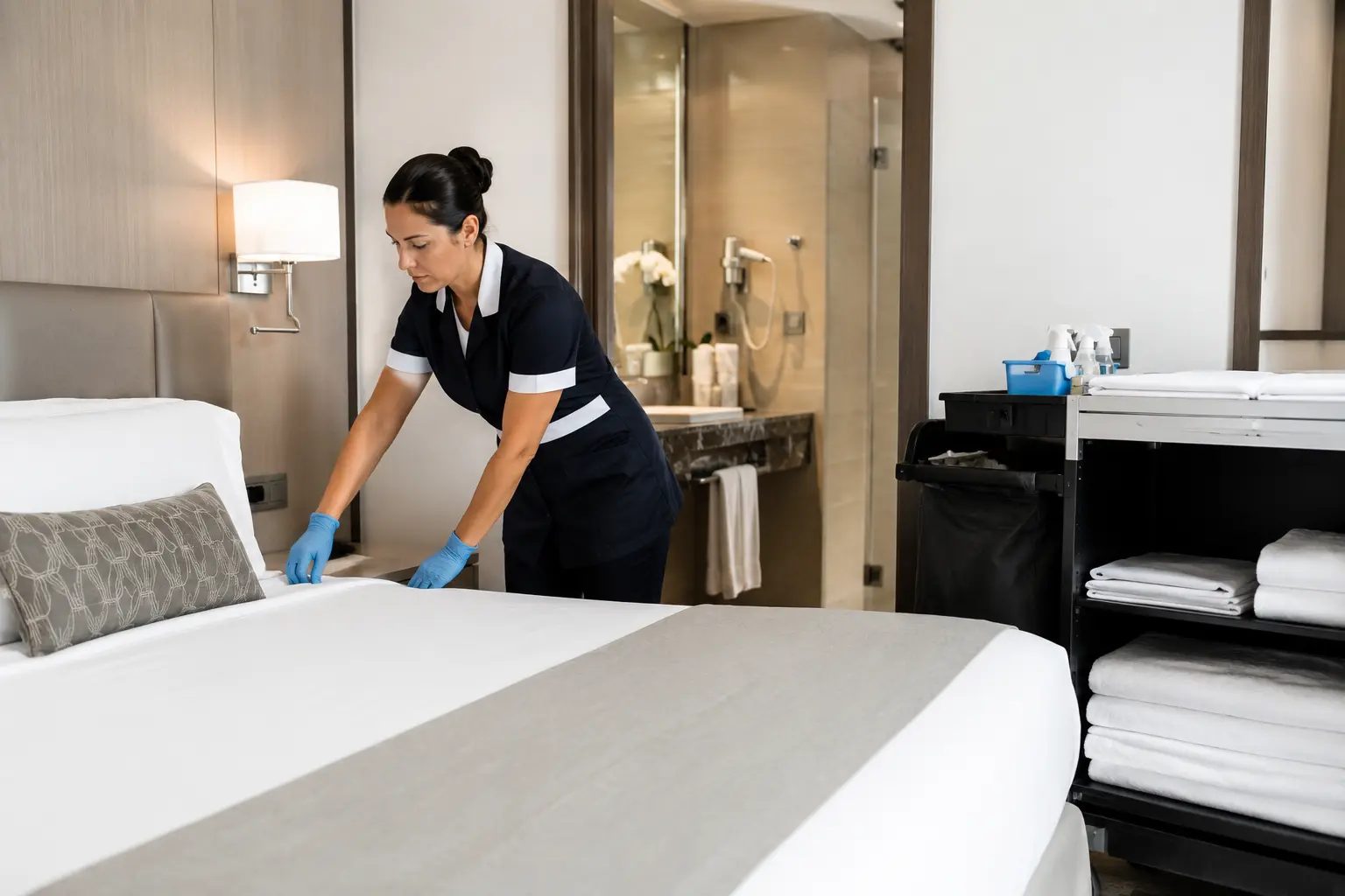 Chambre d’hôtel en cours de blanc, chariot d’étage avec linge propre séparé, salle de bain détartrée