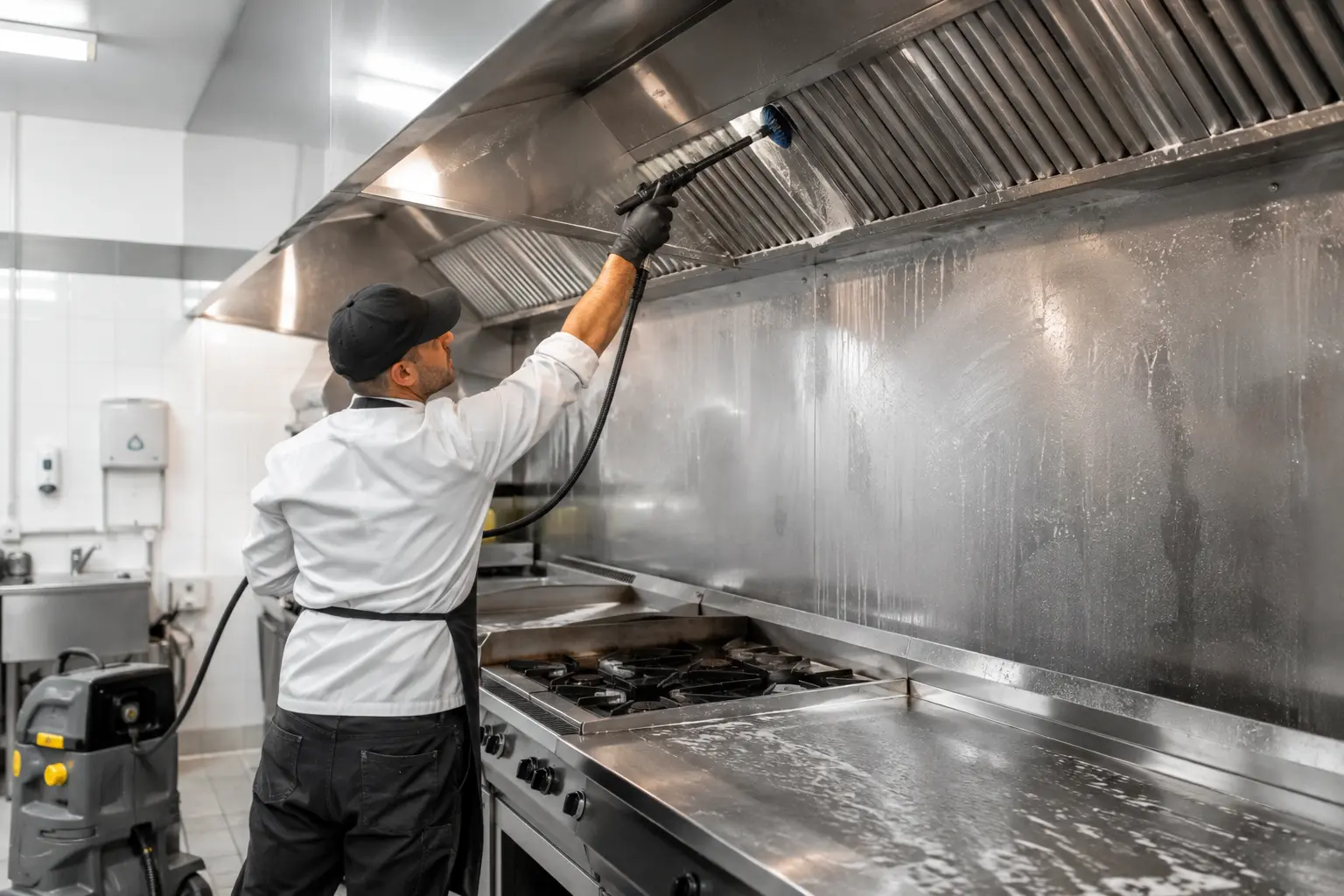 Cuisine professionnelle en fin de service, plan de nettoyage affiché, brossage d’un sol antidérapant et d’un siphon