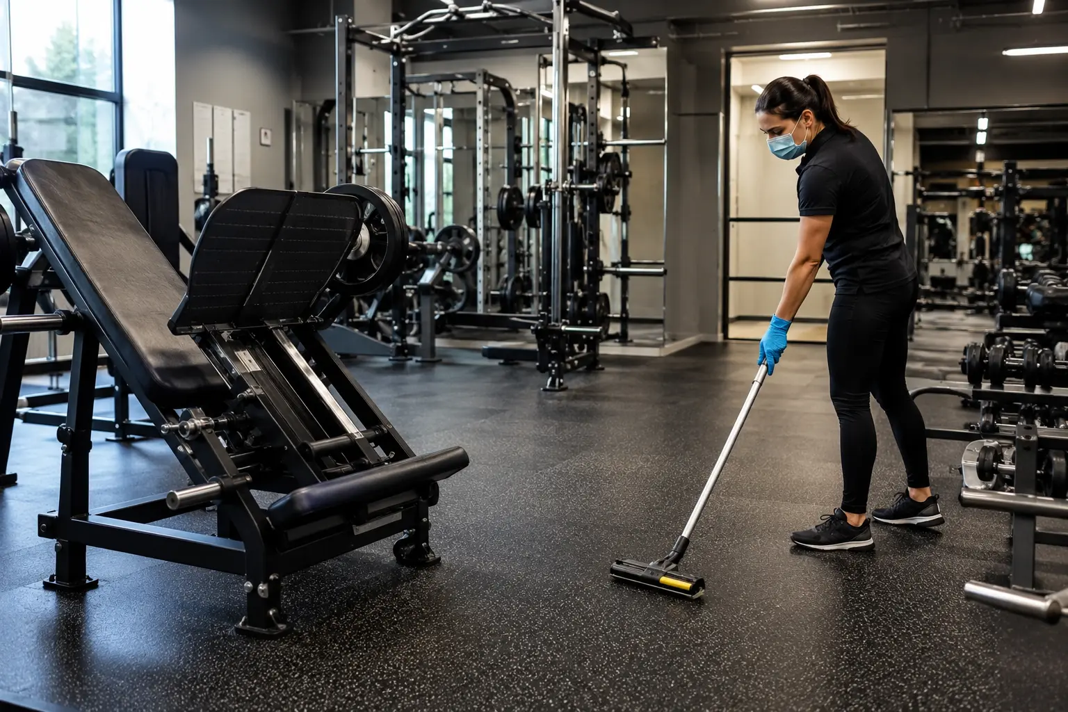 Plateau de musculation nettoyé, désinfection des poignées d’une machine, autolaveuse sur le sol PVC, vestiaires au fond