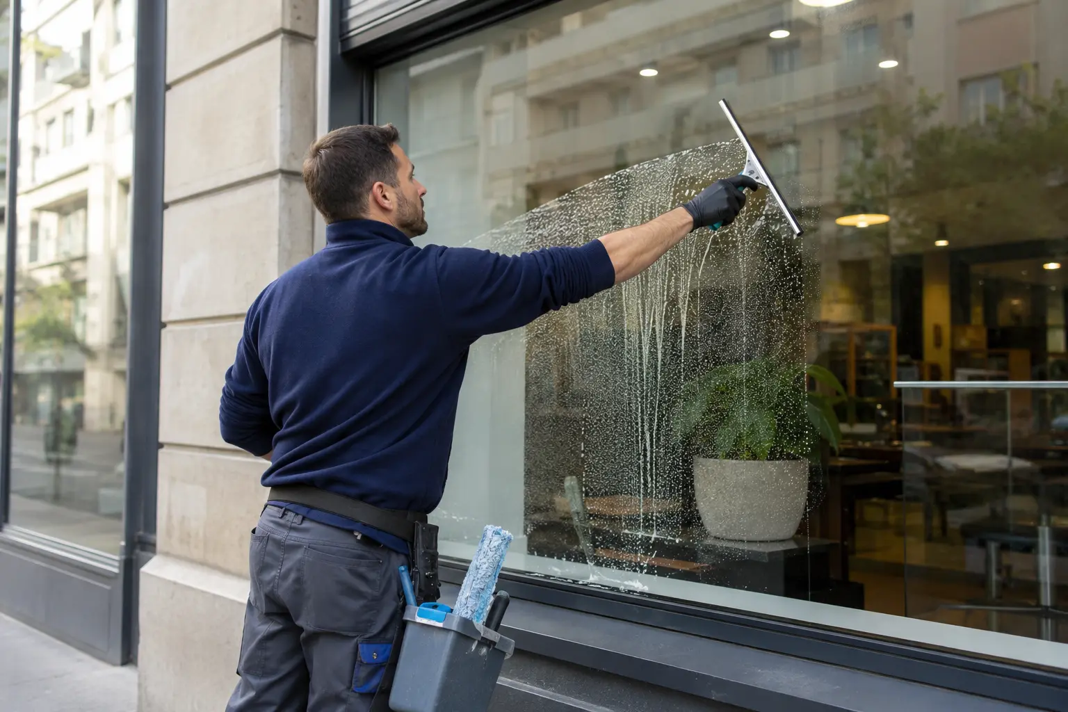 Devanture de magasin, vitrine nettoyée à la raclette, imposte traitée à la perche à eau pure, trottoir signalé
