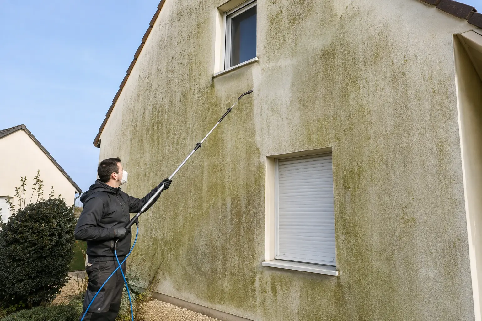 Mur de façade verdi par les algues, une bande verticale nettoyée révélant l’enduit clair