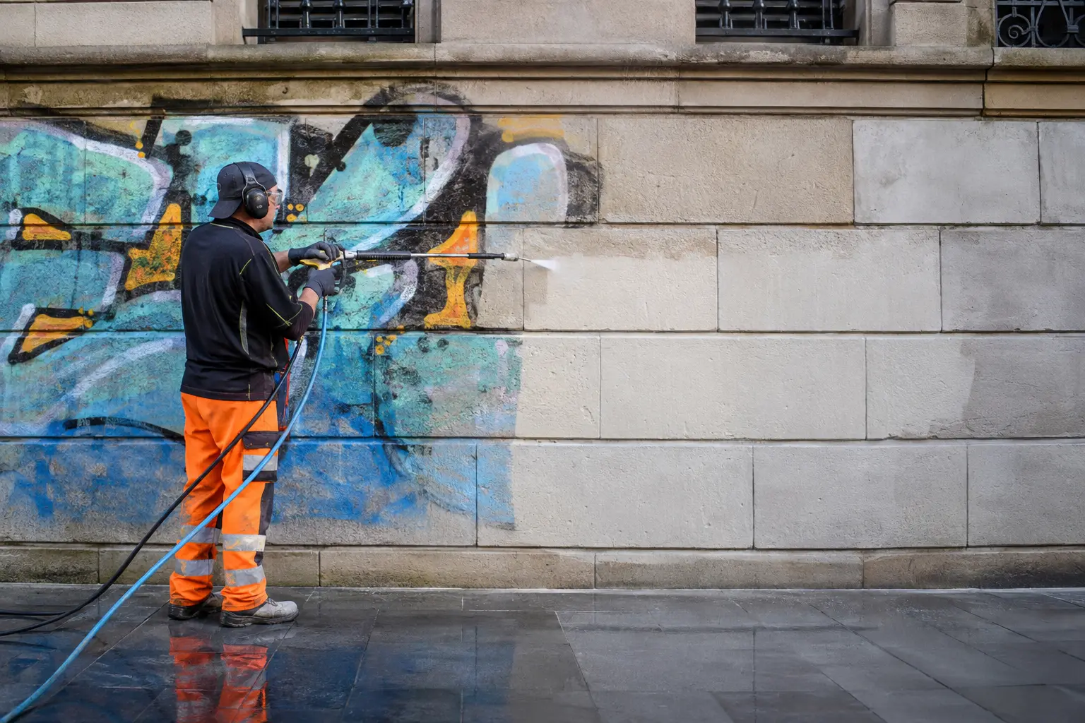 Mur de façade avec un tag à demi effacé, opérateur au décapant en gel et à la vapeur, zone témoin d’essai