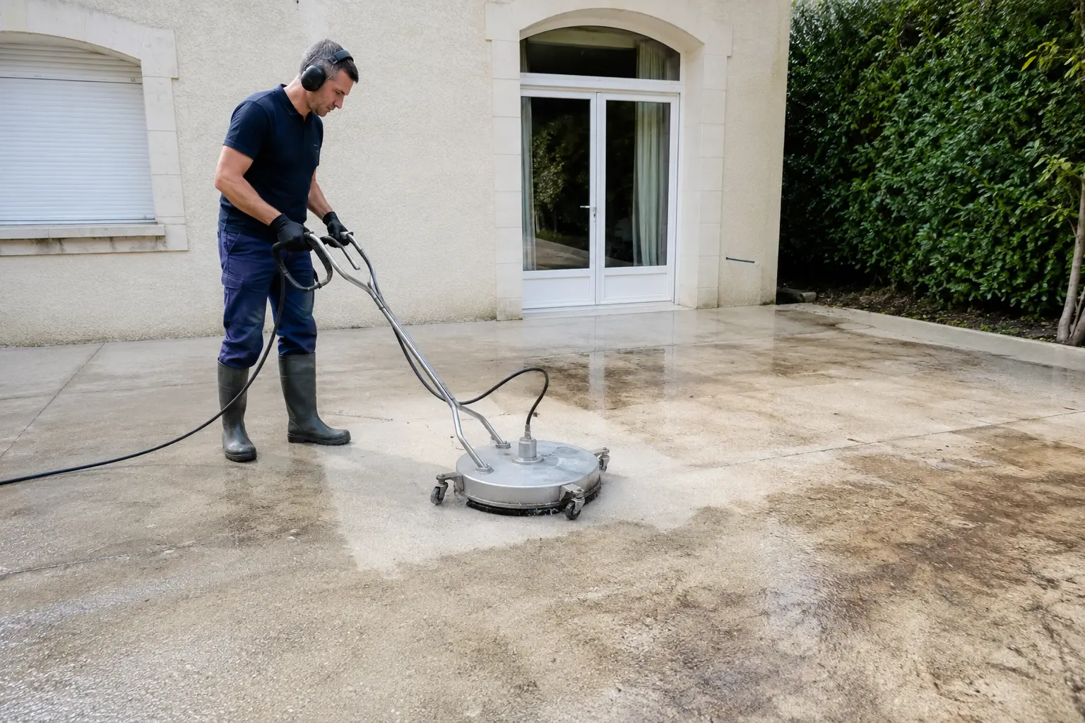 Dalle en béton désactivé, une moitié nettoyée et vernie révélant les gravillons, l’autre grise et verdie