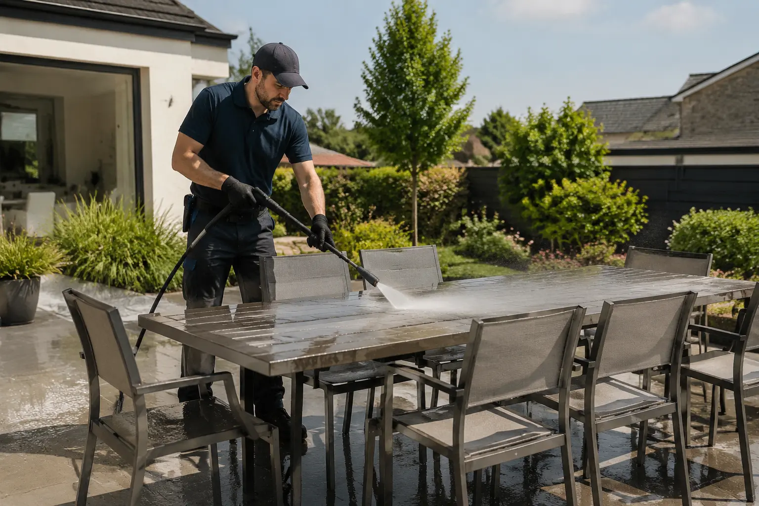 Salon de jardin en résine tressée et teck, une chaise nettoyée face à une autre verdie, brosse douce et seau