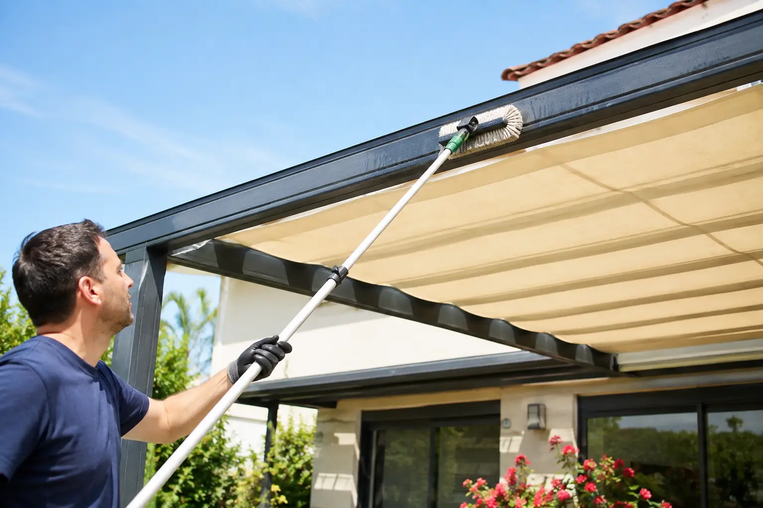 Pergola bioclimatique aluminium, lames à plat en cours de nettoyage, gouttière périphérique dégagée des feuilles