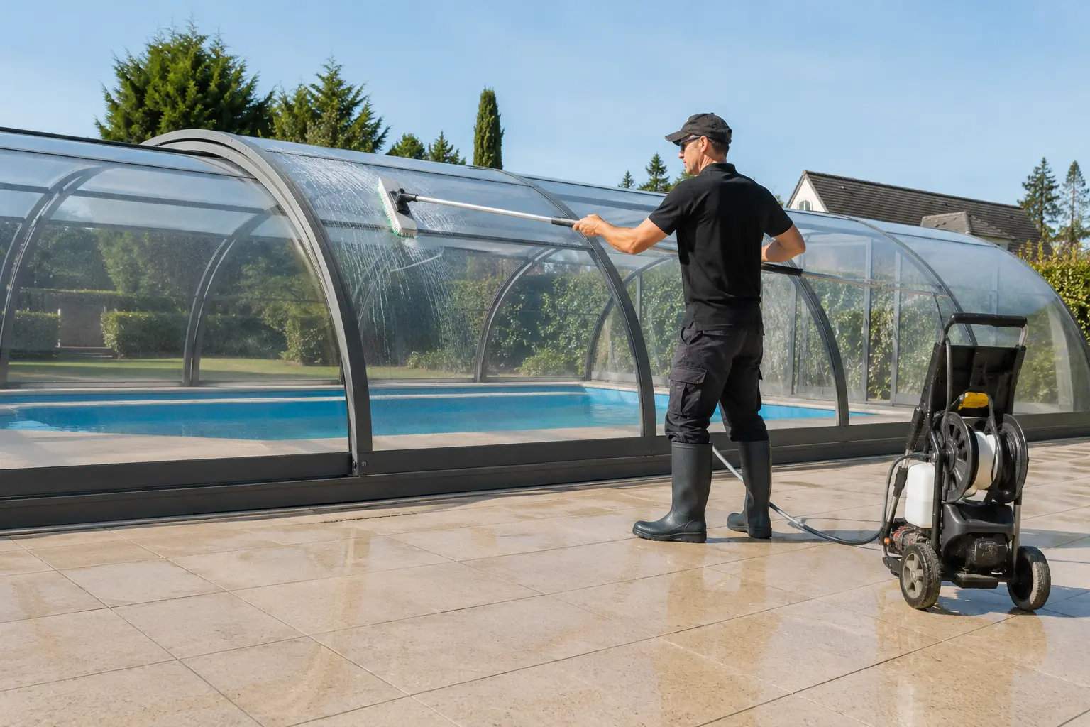 Bord de piscine avec margelle et abri bas en polycarbonate, nettoyage de la ligne d’eau à l’éponge