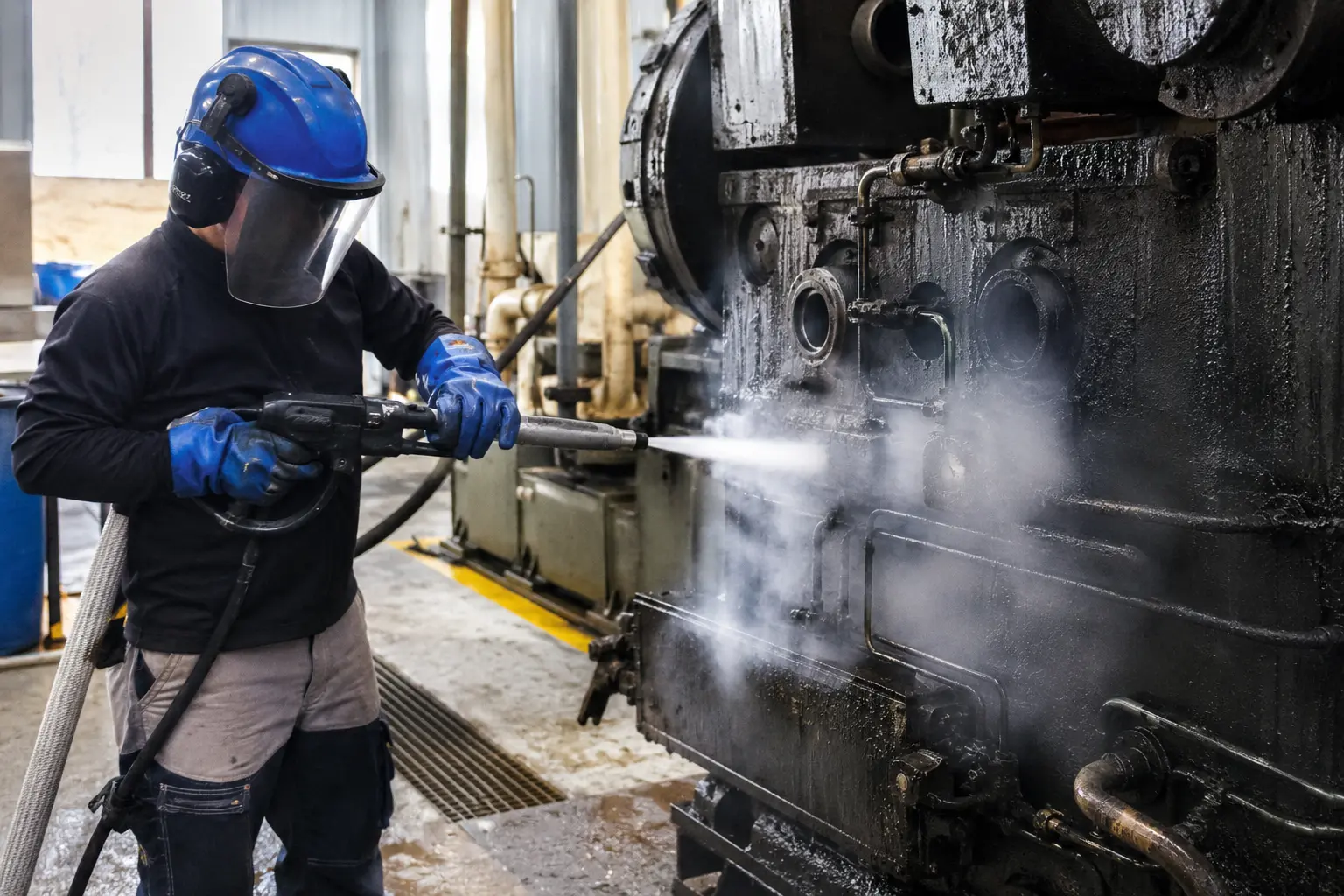 Opérateur projetant de la glace carbonique sur un moule industriel en place, casque antibruit et gants cryogéniques