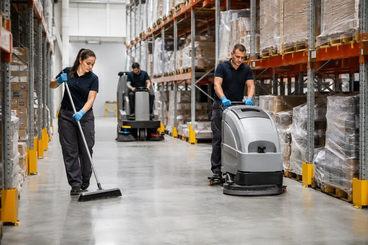 Entrepôt logistique, autolaveuse dans une allée entre les racks, nacelle dépoussiérant les lisses hautes et la charpente