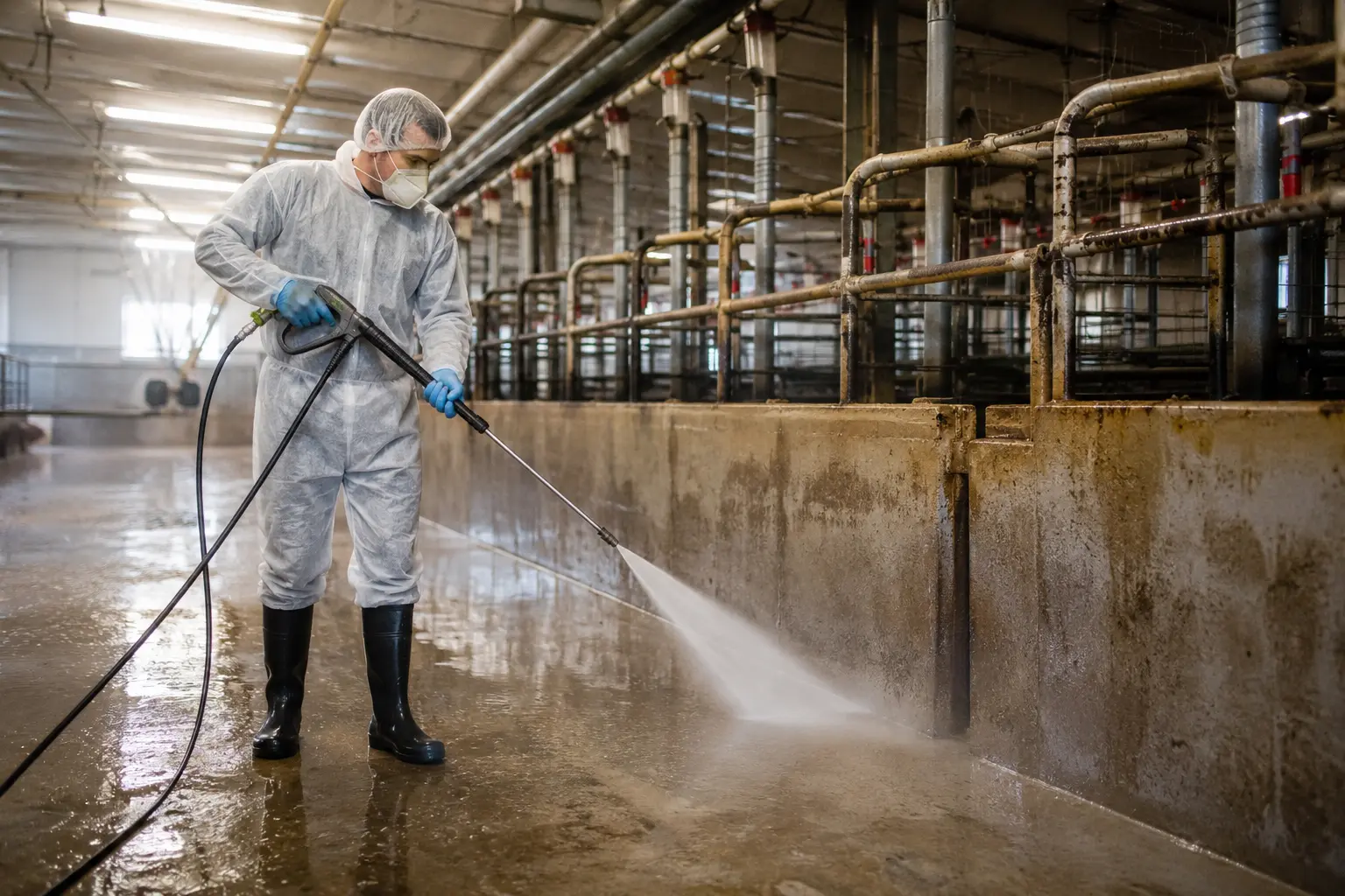 Poulailler vide en cours de nettoyage, chaînes d’alimentation et nids démontés, lavage haute pression des caillebotis