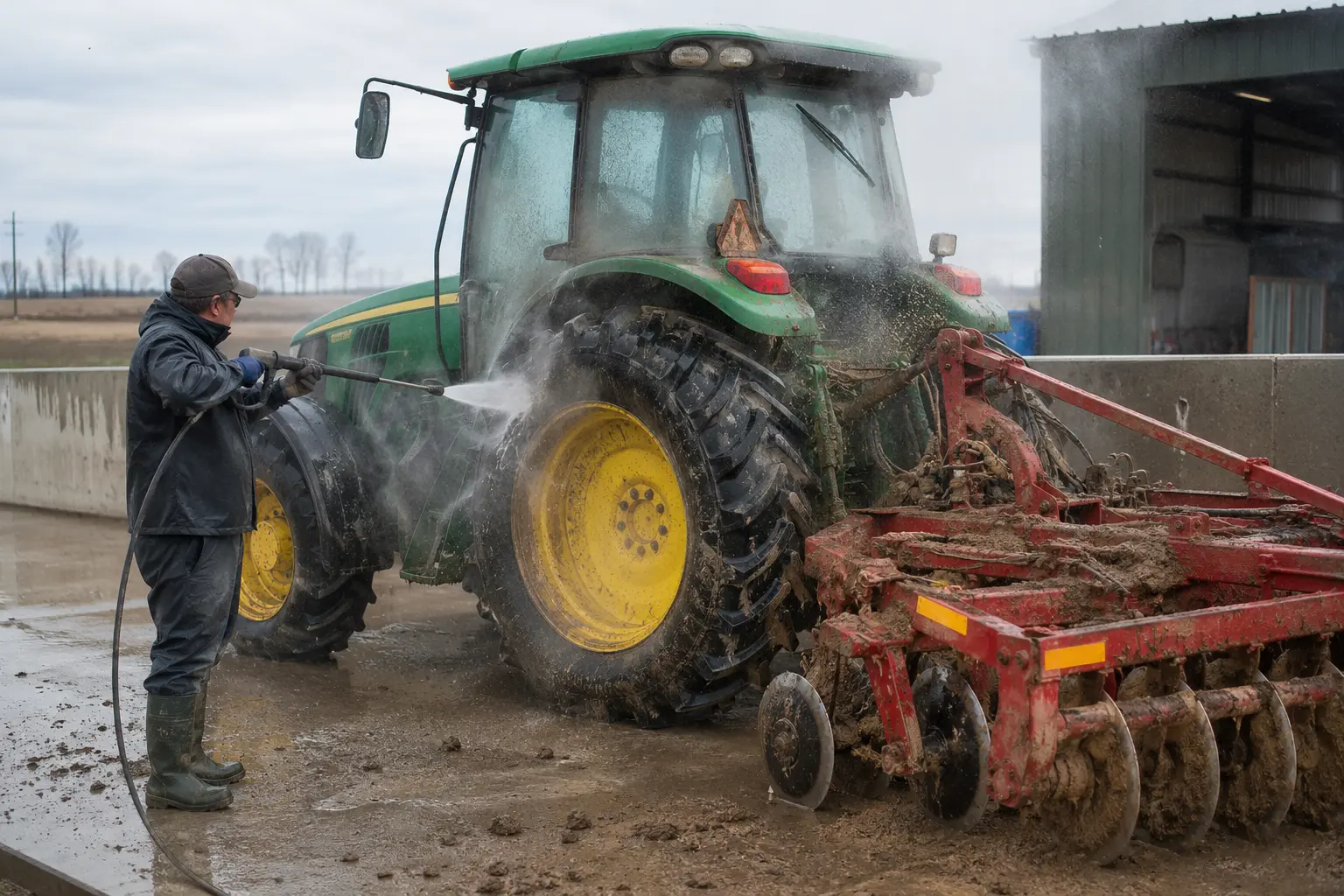 Tracteur et pulvérisateur sur une aire de lavage étanche, protection de l’écran de guidage, rinçage de la rampe