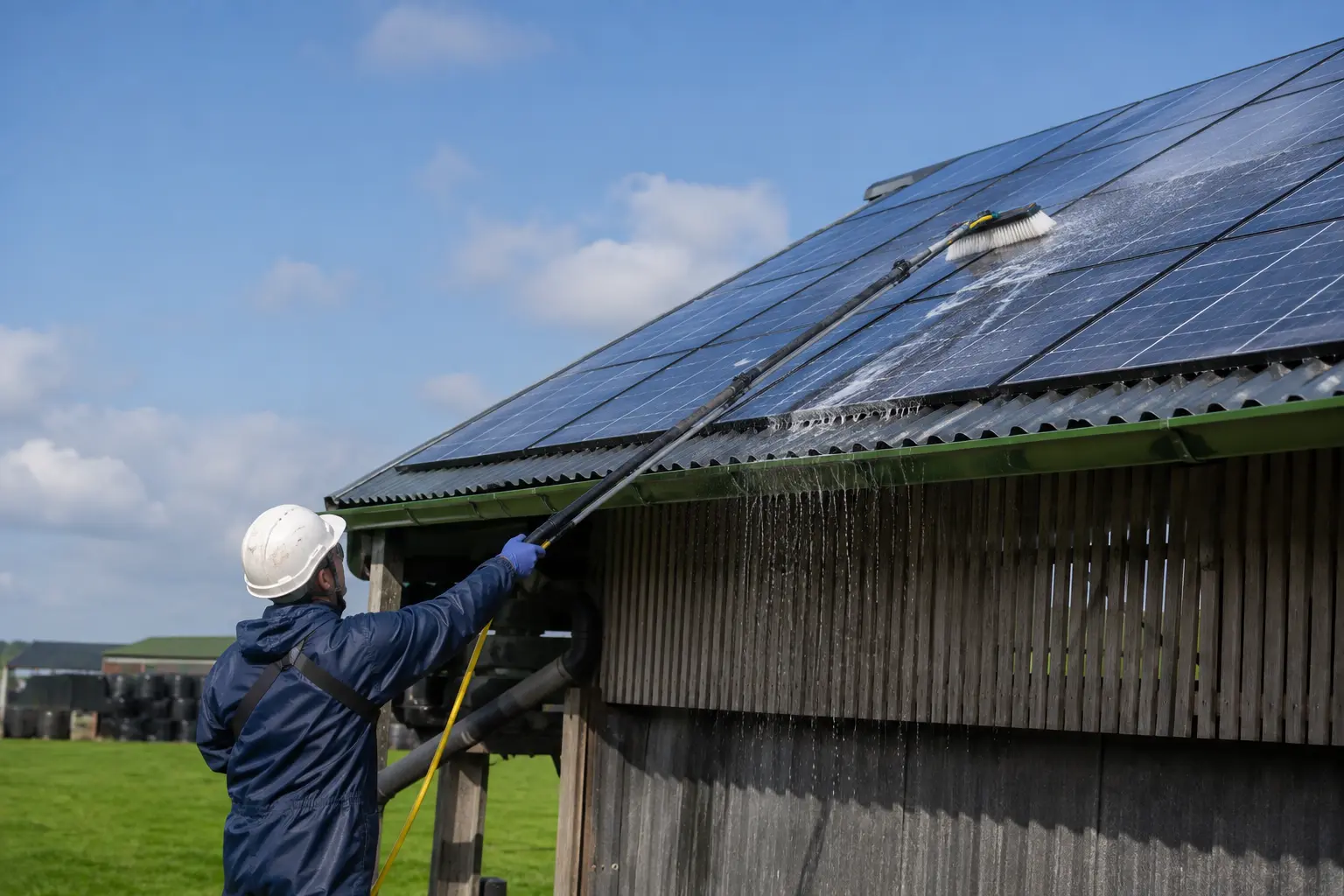 Centrale photovoltaïque au sol, tracteur équipé d’une rampe de brossage nettoyant une rangée de modules à l’eau pure