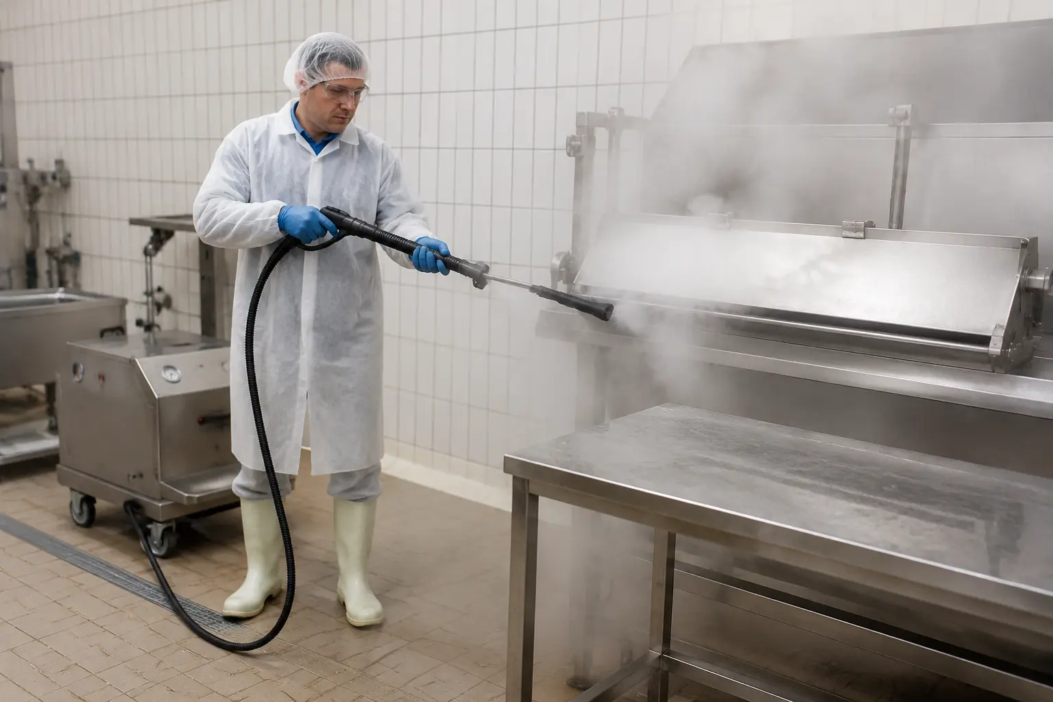 Buse vapeur passée dans les joints d’un plan de travail inox, microfibre essuyant la salissure décollée derrière