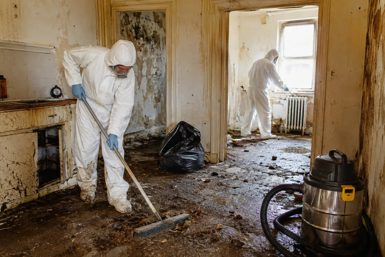 Pièce très encombrée de déchets et d’objets accumulés jusqu’à mi-hauteur, faible lumière