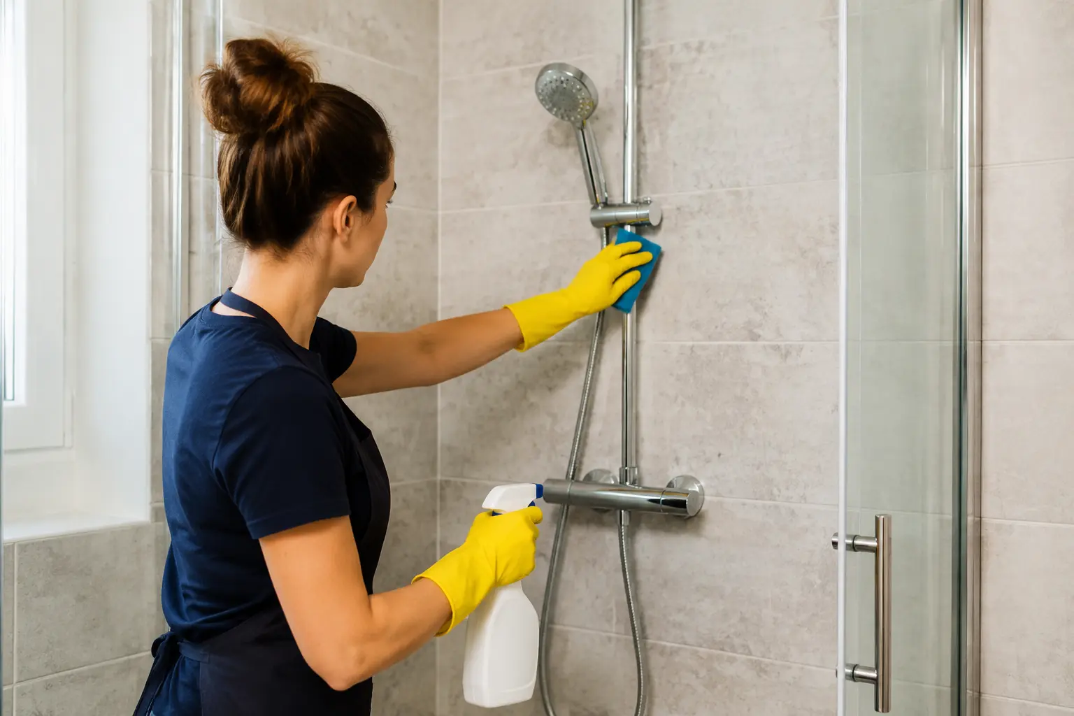 Robinetterie chromée sans dépôt calcaire et paroi de douche transparente après détartrage