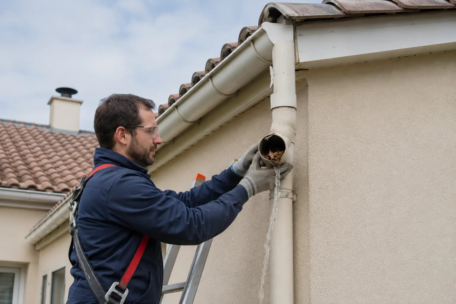 Dauphin en fonte démonté en pied de mur, bouchon de feuilles compactées retiré, furet enroulé au sol