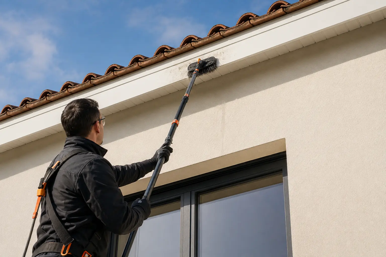 Débord de toiture avec cache-moineaux PVC blanc en partie nettoyé, grille de ventilation neuve posée en sous-face