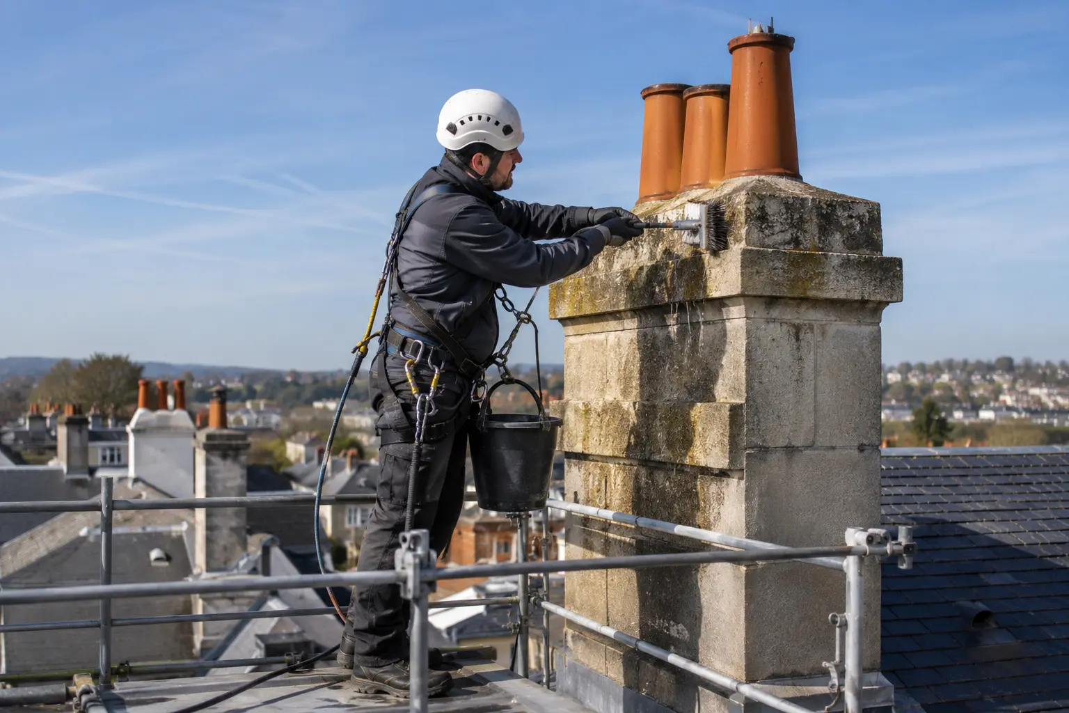Souche de cheminée maçonnée en toiture, solin d’étanchéité inspecté, mitre dégagée d’un nid