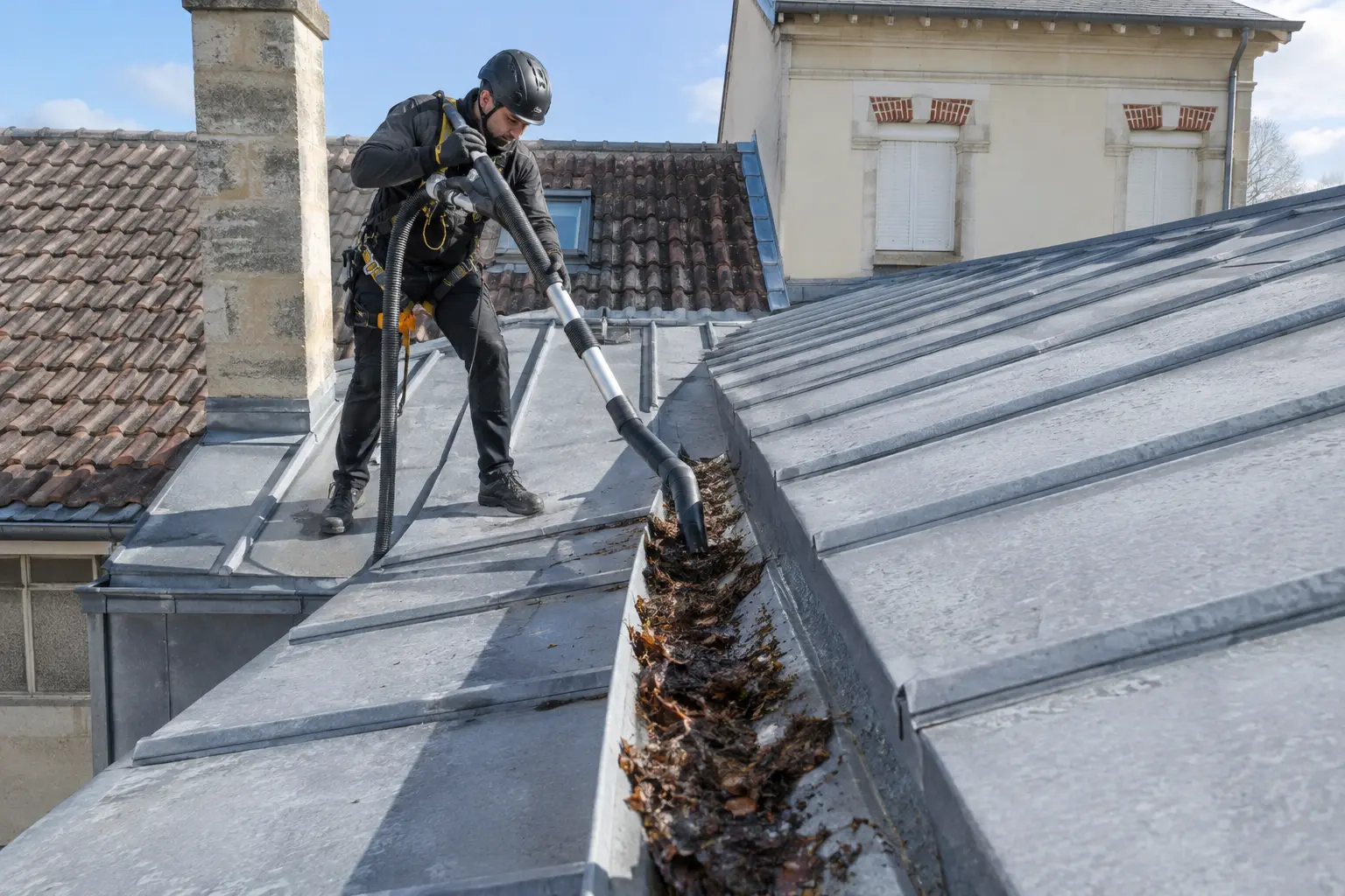 Gouttière zinc remplie de feuilles et de boue, une moitié curée laissant voir le fond métallique propre
