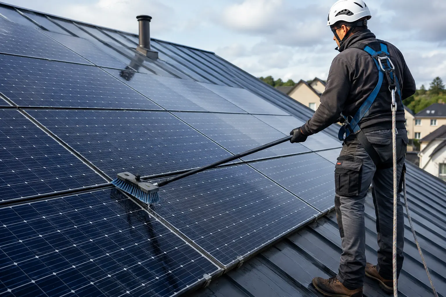 Capteurs solaires sur châssis au sol, lavage à l’eau claire avec une raclette sur perche, seau d’eau déminéralisée
