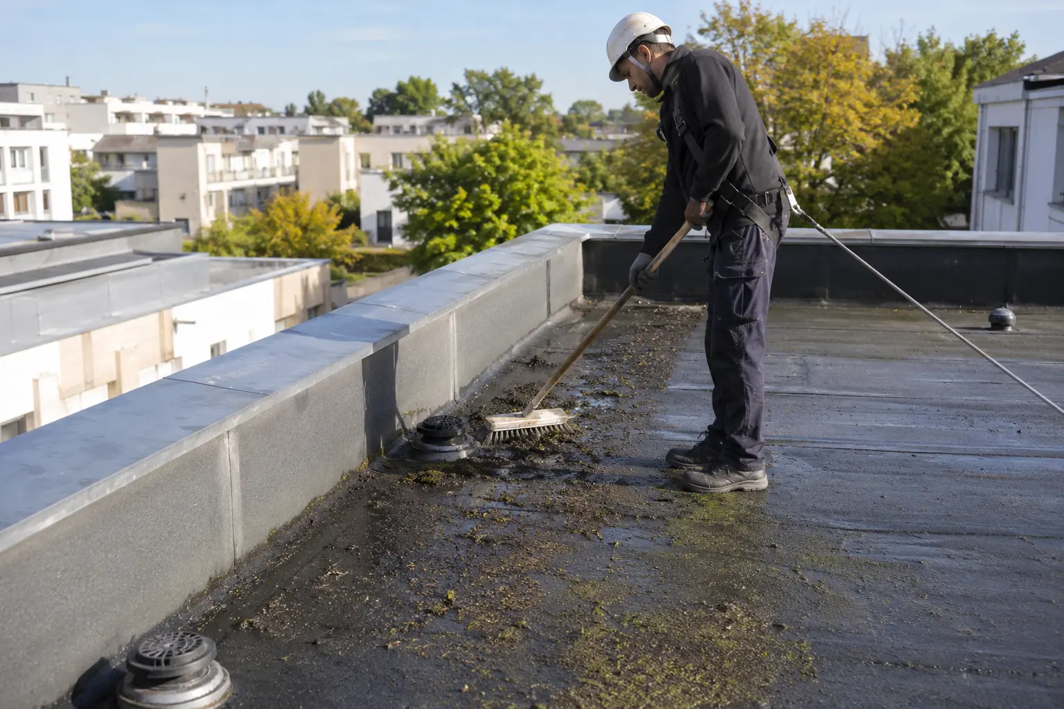 Toit-terrasse gravillonné avec avaloir dégagé au centre, relevé d’étanchéité en pied d’acrotère inspecté