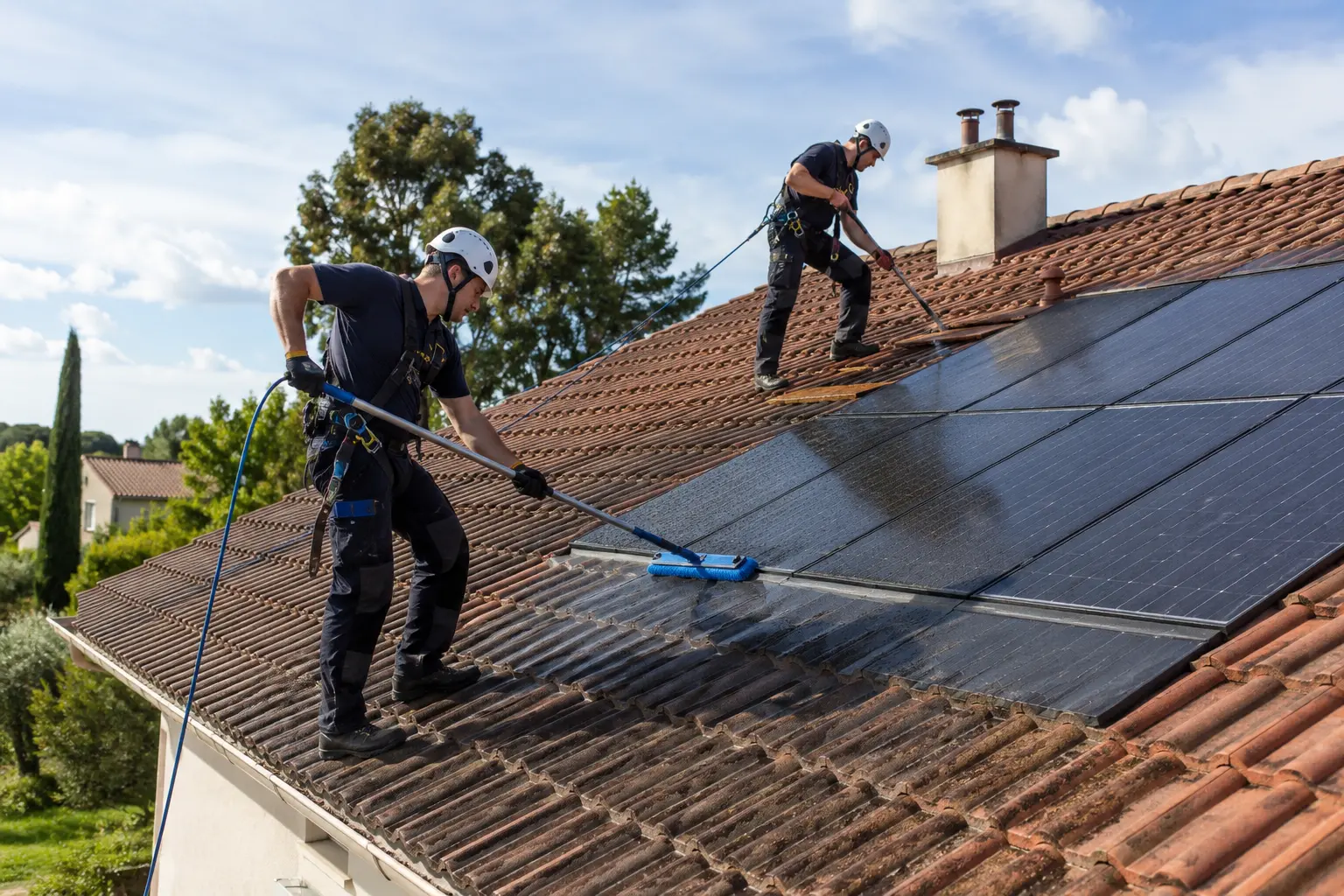 Rangée de modules photovoltaïques en toiture, brosse sur perche télescopique, ligne de salissure au bord bas d’un module