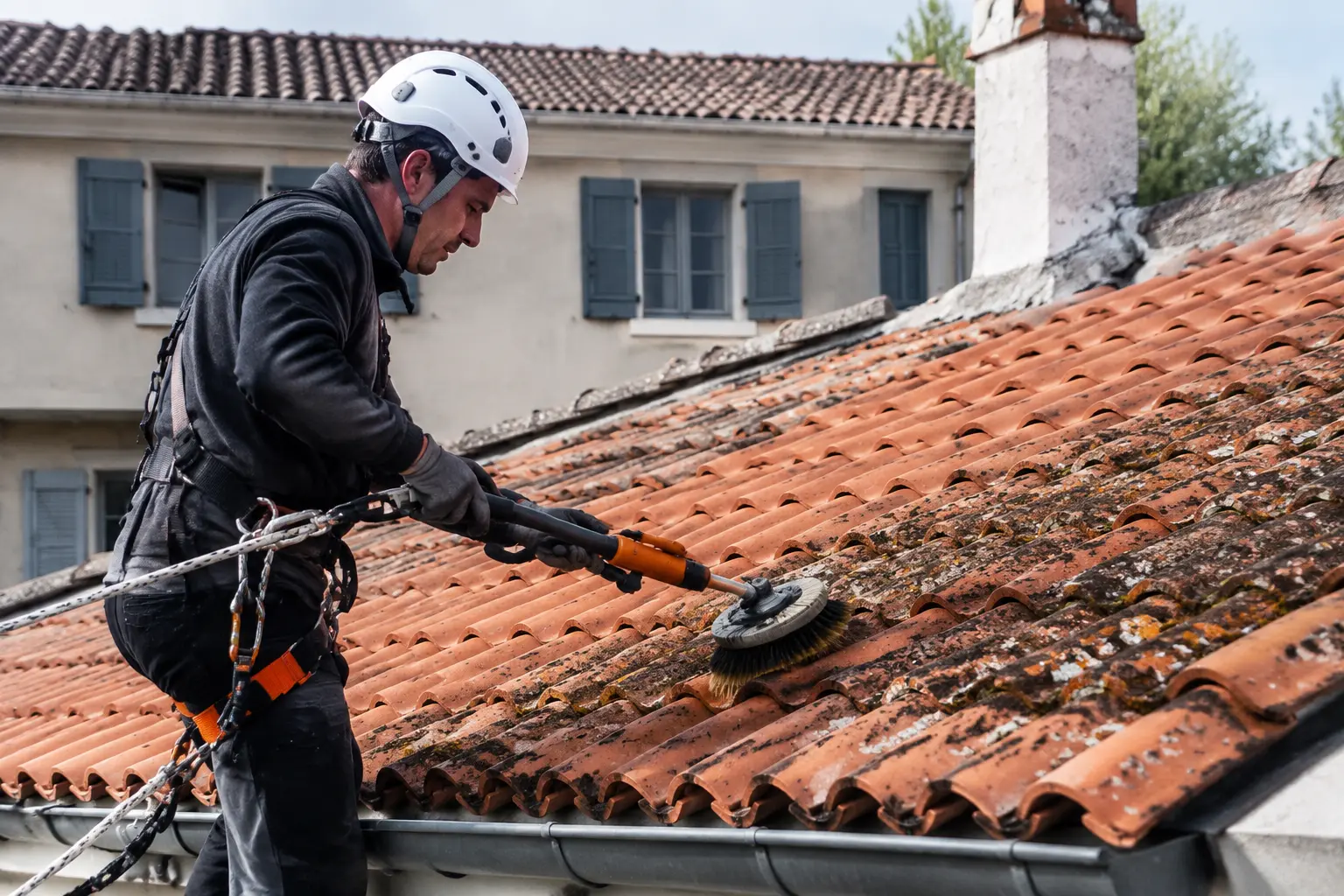 Détail de tuiles terre cuite, la partie nettoyée retrouvant sa teinte orangée face au voile noir voisin