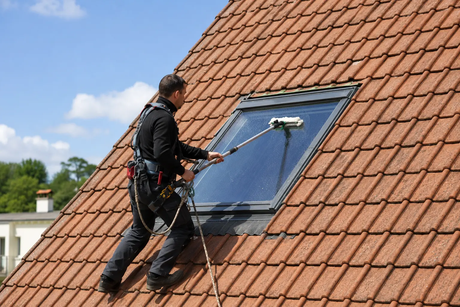 Fenêtre de toit ouvrant pivoté à 180° et bloqué, nettoyage du vitrage extérieur depuis l’intérieur de la pièce