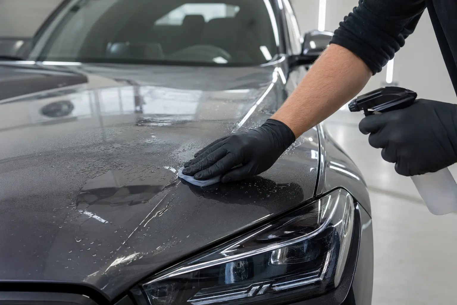 Carrosserie pulvérisée de décontaminant ferreux virant au violet, barre d’argile passée sur un panneau lubrifié