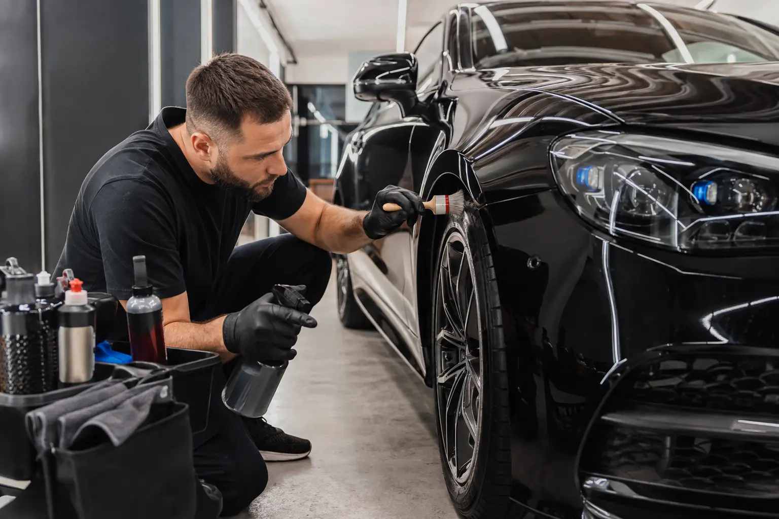 Voiture en cours de detailing sous éclairage LED rasant, polisseuse et tampons alignés, reflets nets sur le vernis