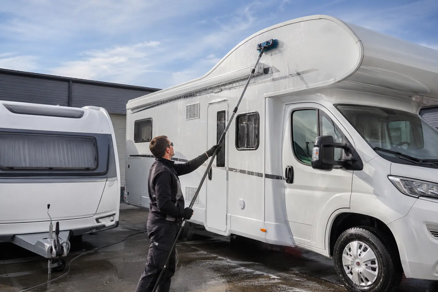 Camping-car lavé à la brosse télescopique, traînées noires traitées sous une baie, contrôle d’un lanterneau sur le toit