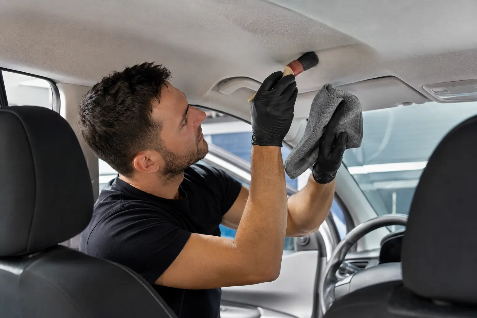 Ciel de toit clair d’une voiture nettoyé à la mousse sèche sur microfibre, tamponnage entre deux baguettes