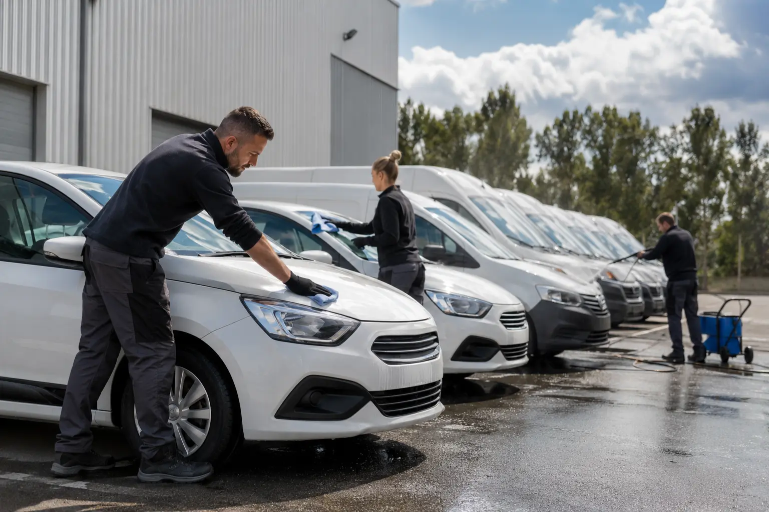 Parking d’entreprise avec plusieurs véhicules identiques, unité mobile de lavage, fiche de suivi par véhicule