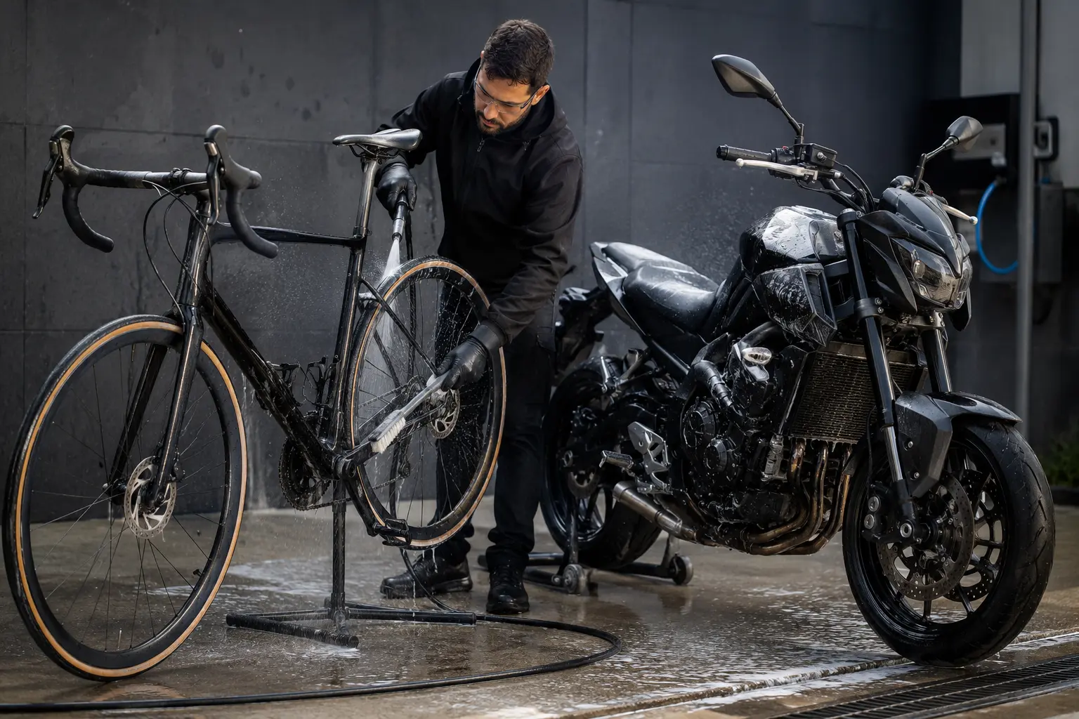 Moto sur béquille d’atelier, chaîne brossée au dégraissant, échappement bouché, compteur protégé