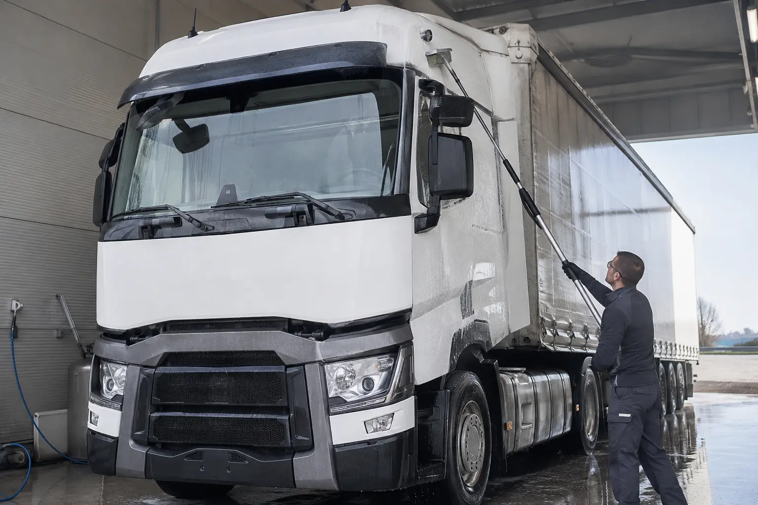 Ensemble tracteur et semi sur une aire de lavage, brosse portée sur la cabine, lance sur le châssis et les bas de caisse