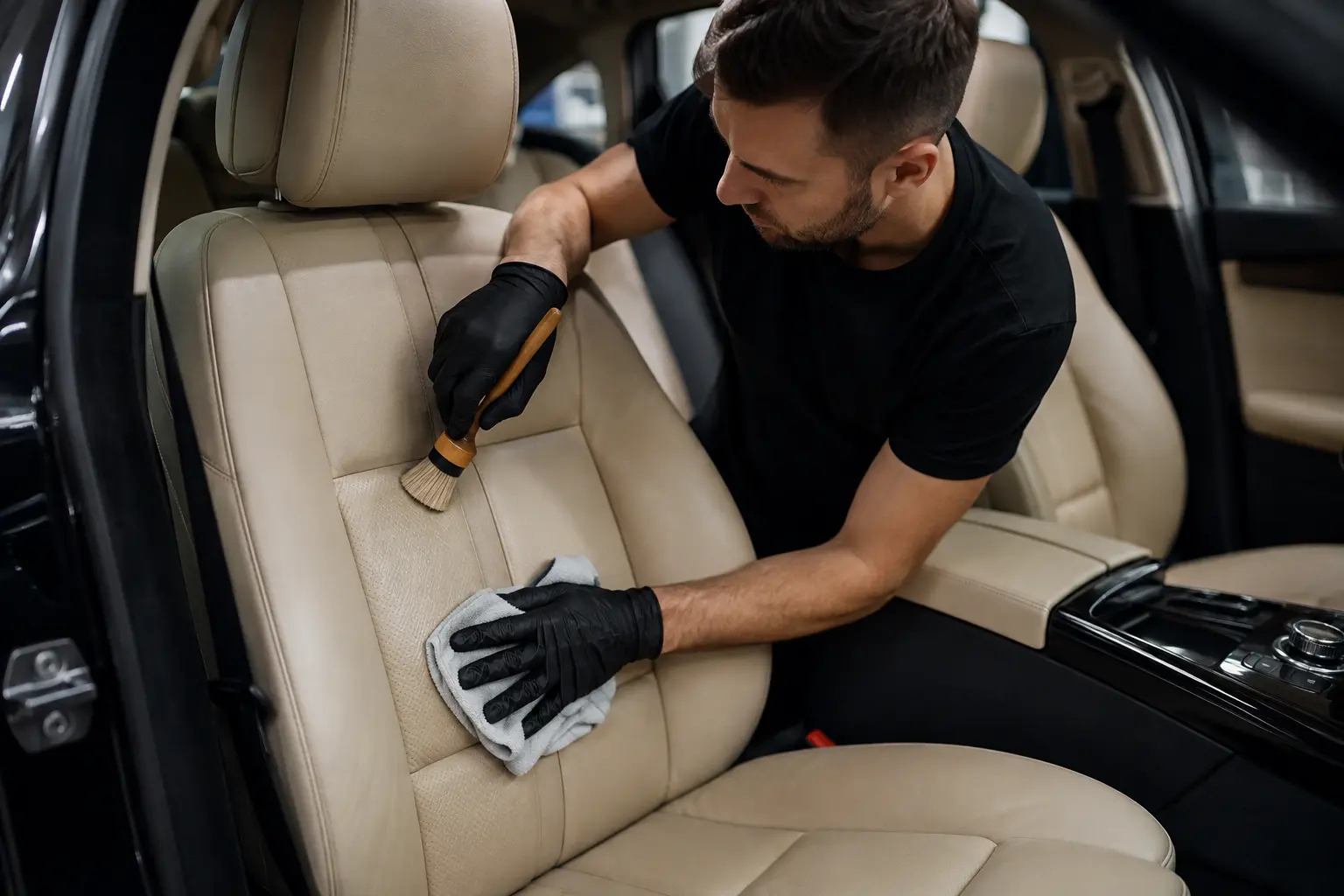Siège cuir de voiture, une assise nettoyée et nourrie face à un flanc usé et décoloré, brosse souple et lait cuir